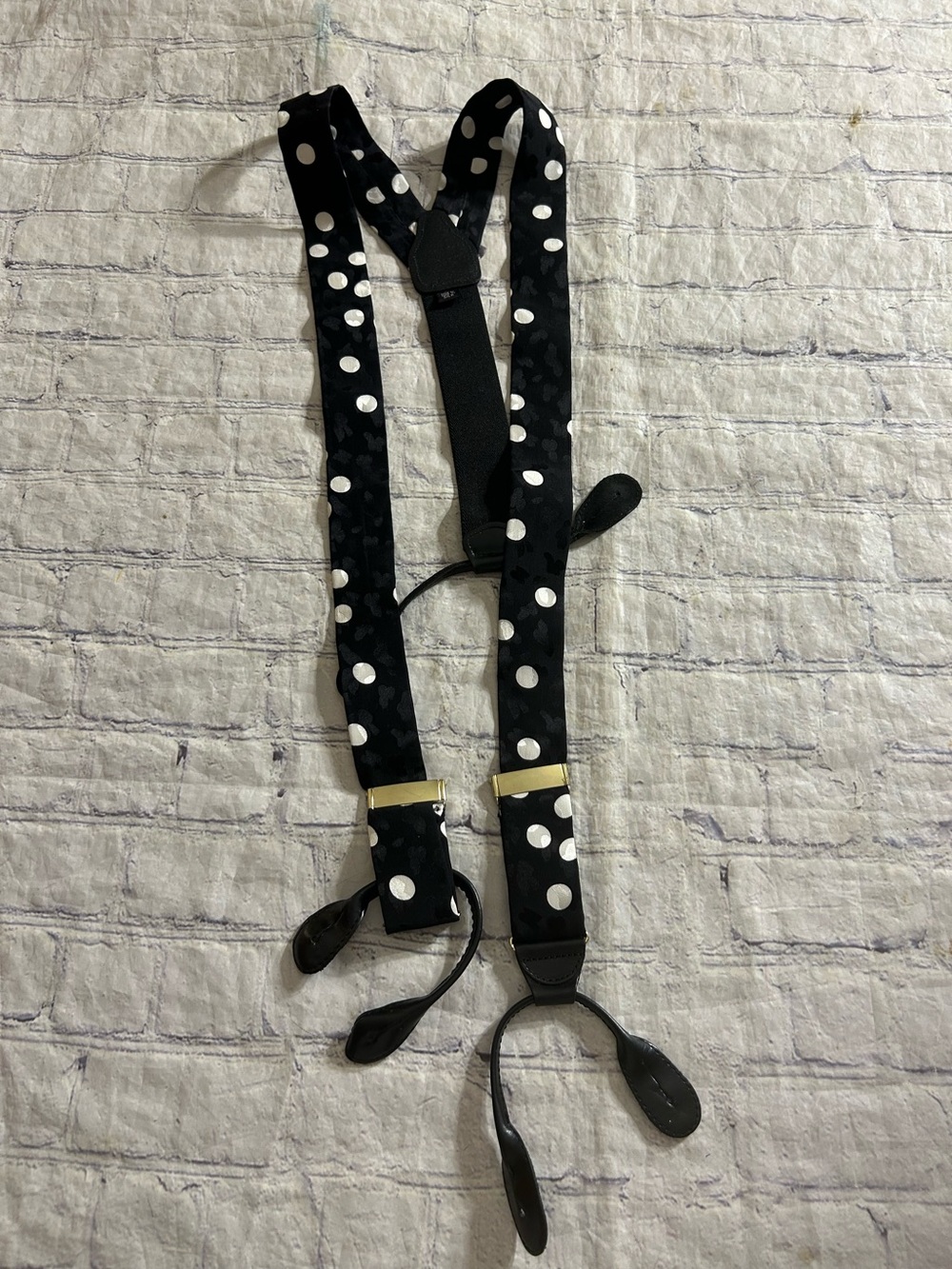 100% SILK BLACK AND WHITE POLKA DOTS SUSPENDERS GOLD TONE HARDWARE ADJUSTABLE